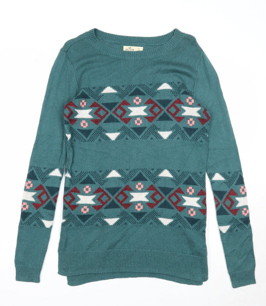 Hollister Womens Green Round Neck Geometric Cotton Pullover Jumper Size S