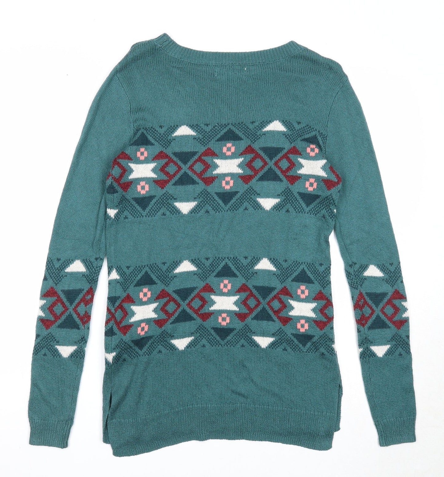 Hollister Womens Green Round Neck Geometric Cotton Pullover Jumper Size S