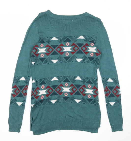 Hollister Womens Green Round Neck Geometric Cotton Pullover Jumper Size S