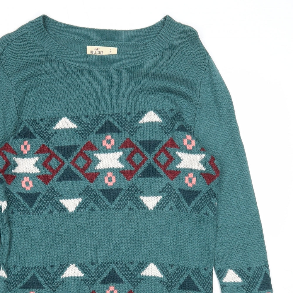 Hollister Womens Green Round Neck Geometric Cotton Pullover Jumper Size S