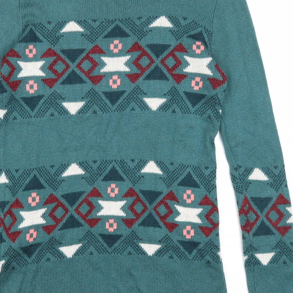 Hollister Womens Green Round Neck Geometric Cotton Pullover Jumper Size S