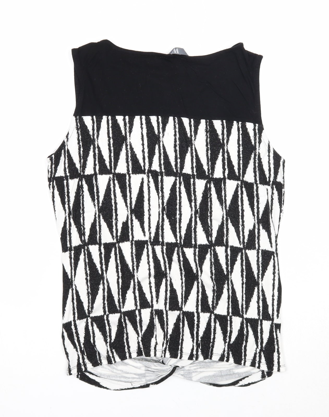 BHS Womens Black Geometric Viscose Basic Tank Size 14 Round Neck - Twist Detail