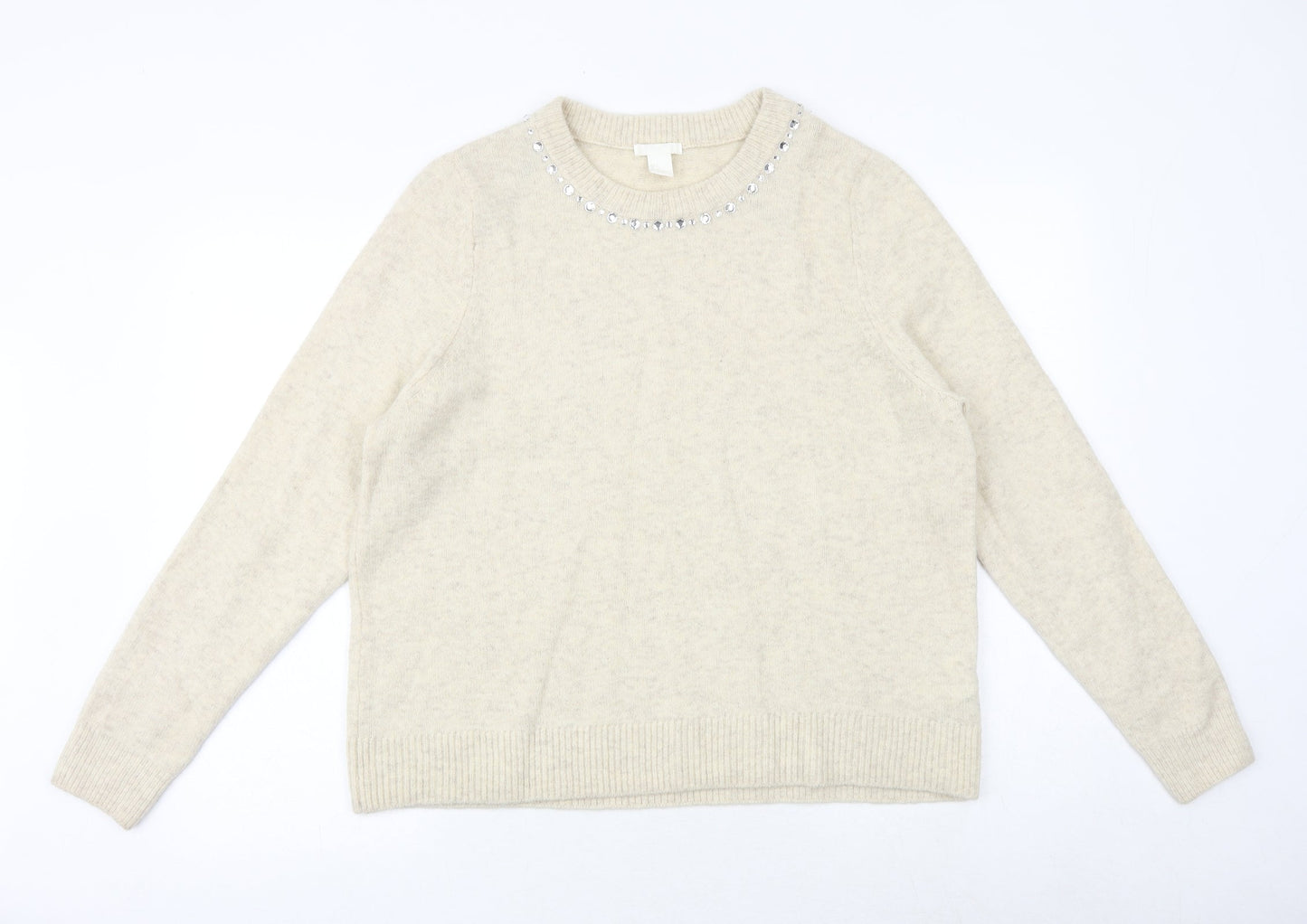 H&M Womens Beige Round Neck Acrylic Pullover Jumper Size L