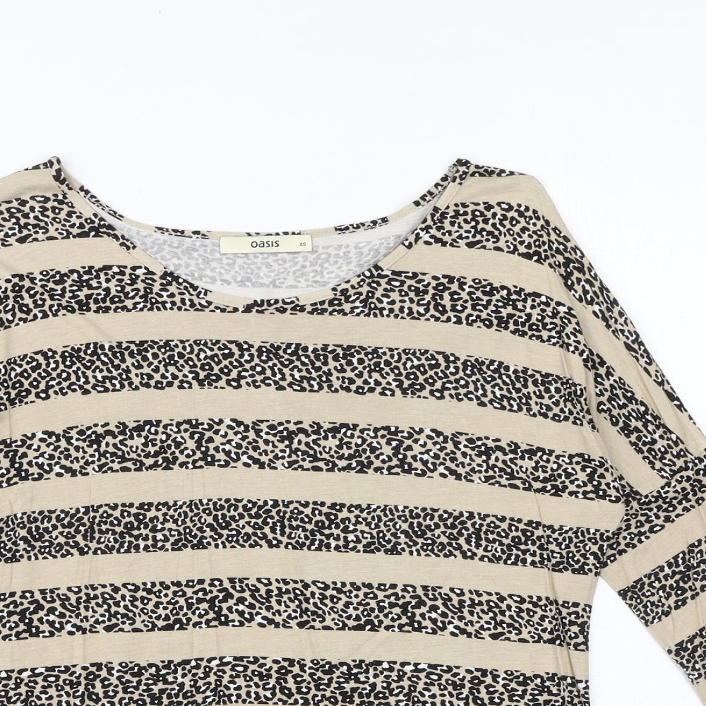 Oasis Womens Brown Animal Print Viscose Basic T-Shirt Size XS Round Neck - Leopard Pattern