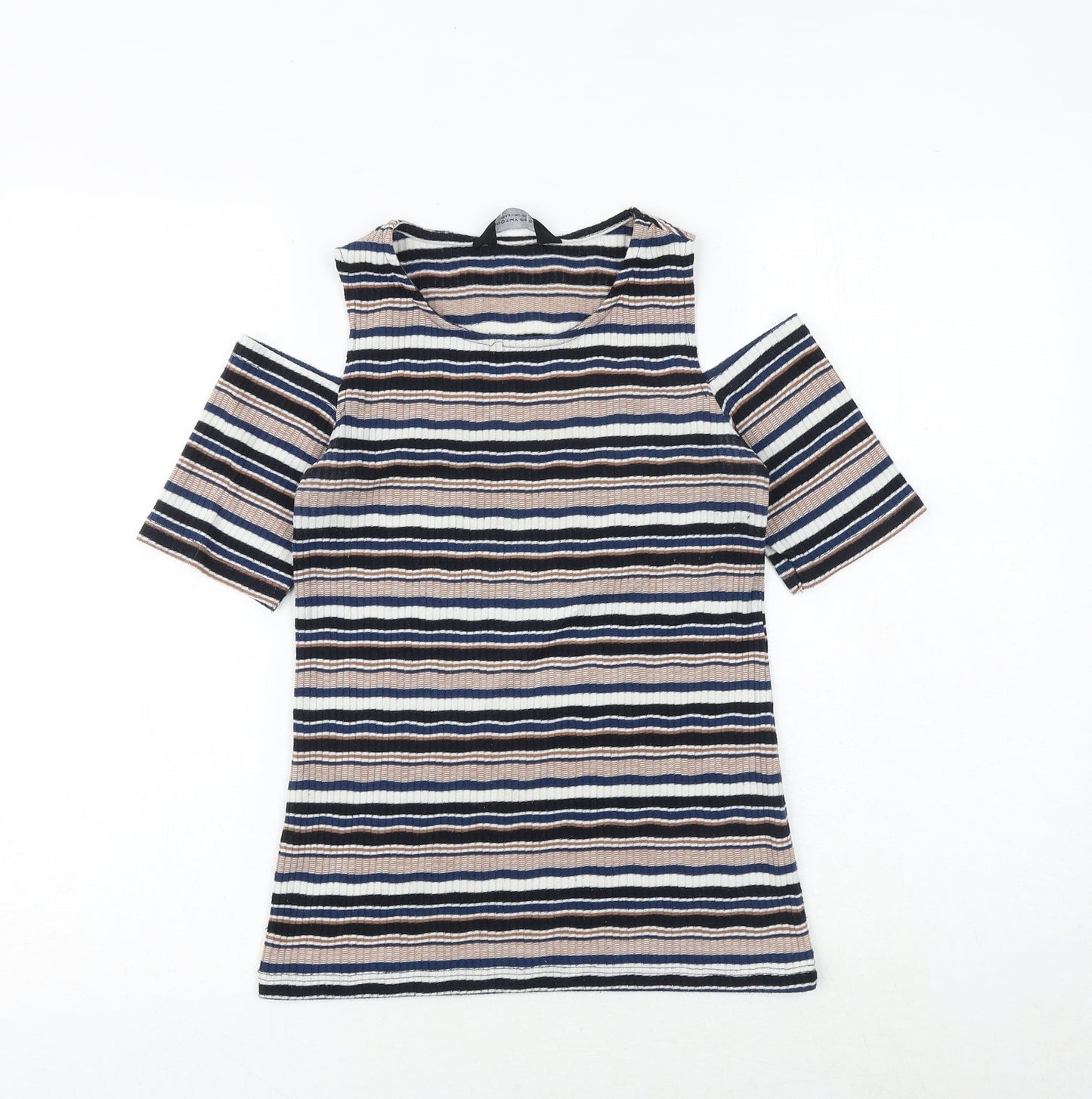 Dorothy Perkins Womens Multicoloured Striped Polyester Basic T-Shirt Size 8 Round Neck - Cold Shoulder