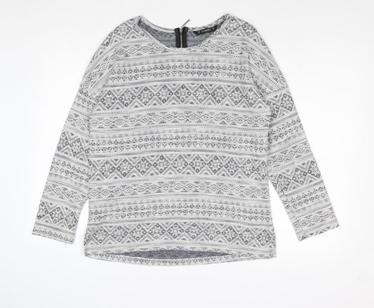 Dunnes Stores Womens Grey Geometric Cotton Basic Blouse Size M Round Neck