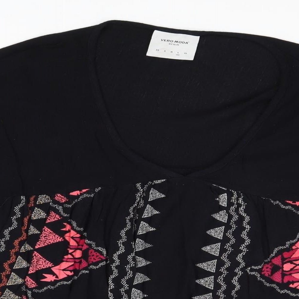 Vera Moda Womens Black Geometric Viscose Basic Blouse Size XS Round Neck