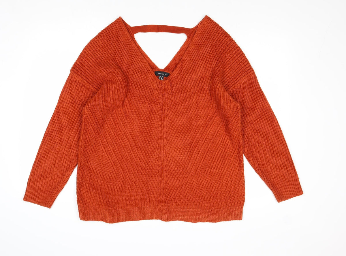 New Look Womens Orange V-Neck Acrylic Pullover Jumper Size M