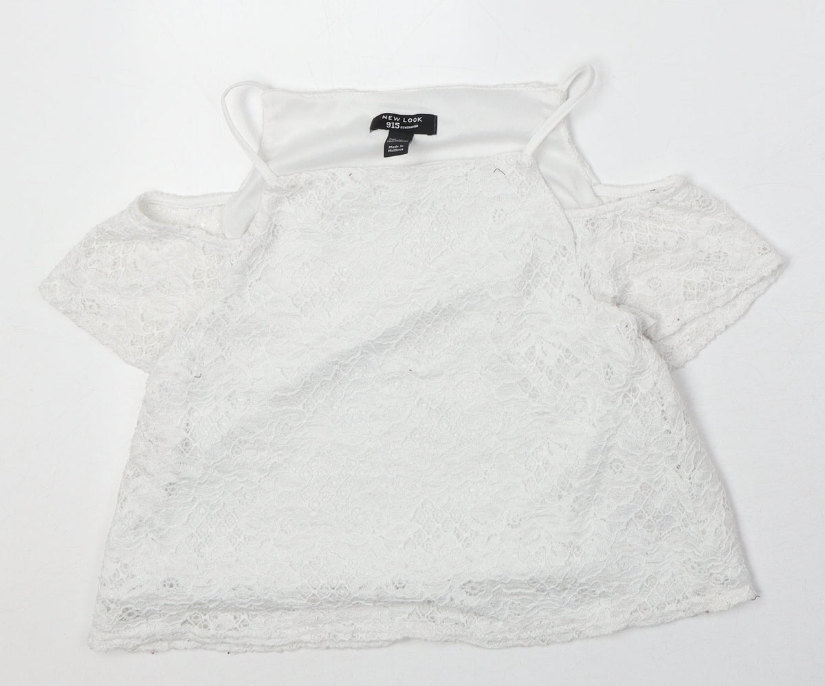 New Look Girls Ivory Nylon Pullover Blouse Size 12-13 Years Square Neck Pullover - Cold Shoulder