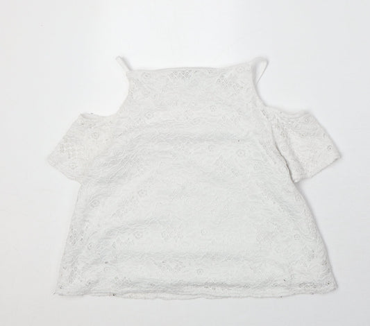 New Look Girls Ivory Nylon Pullover Blouse Size 12-13 Years Square Neck Pullover - Cold Shoulder