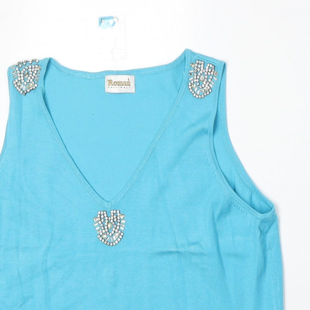 Roman Womens Blue Viscose Basic Tank Size L V-Neck