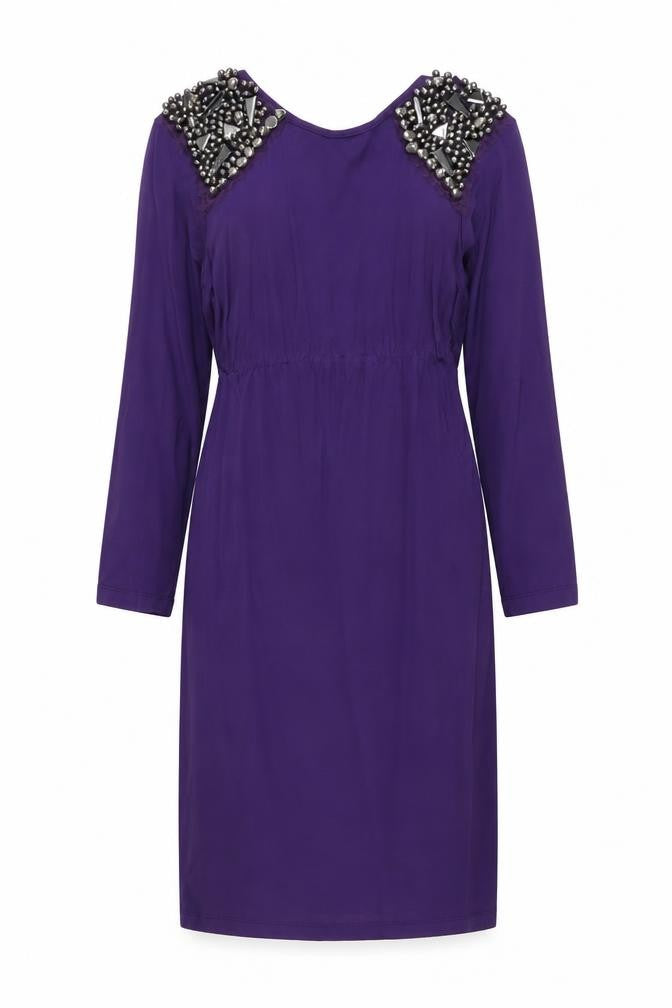Front view of ASOS women’s purple viscose pencil dress, size UK 10, round neck pullover