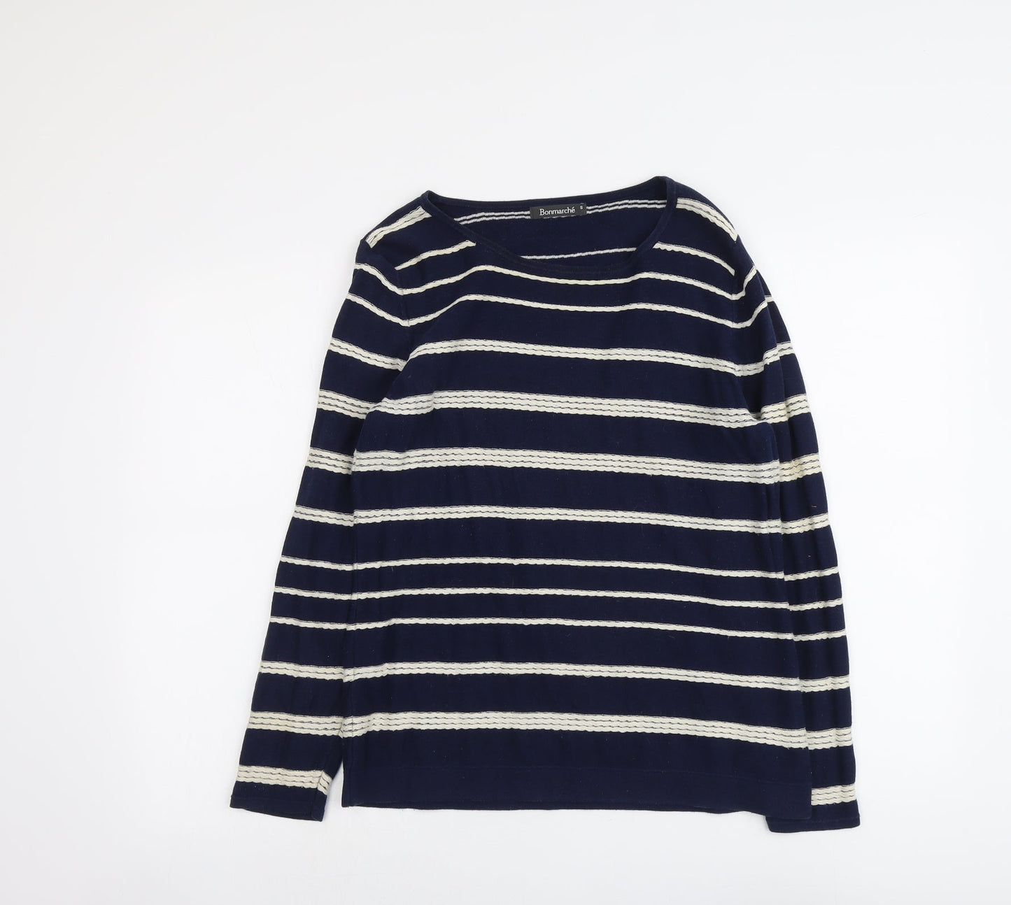 Bonmarché Womens Blue Round Neck Striped Cotton Pullover Jumper Size S