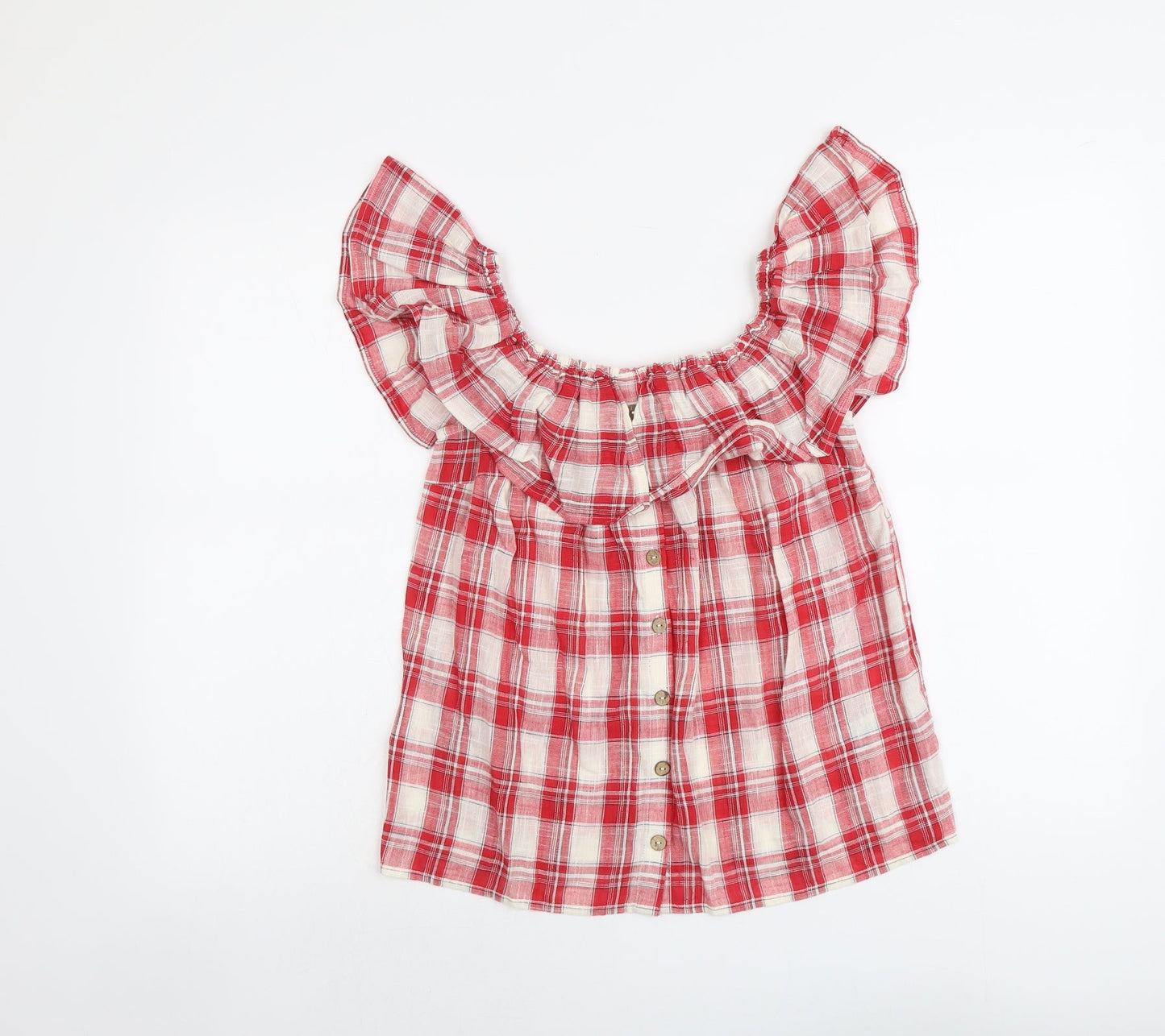 NEXT Womens Red Plaid Cotton Basic Blouse Size 10 Scoop Neck