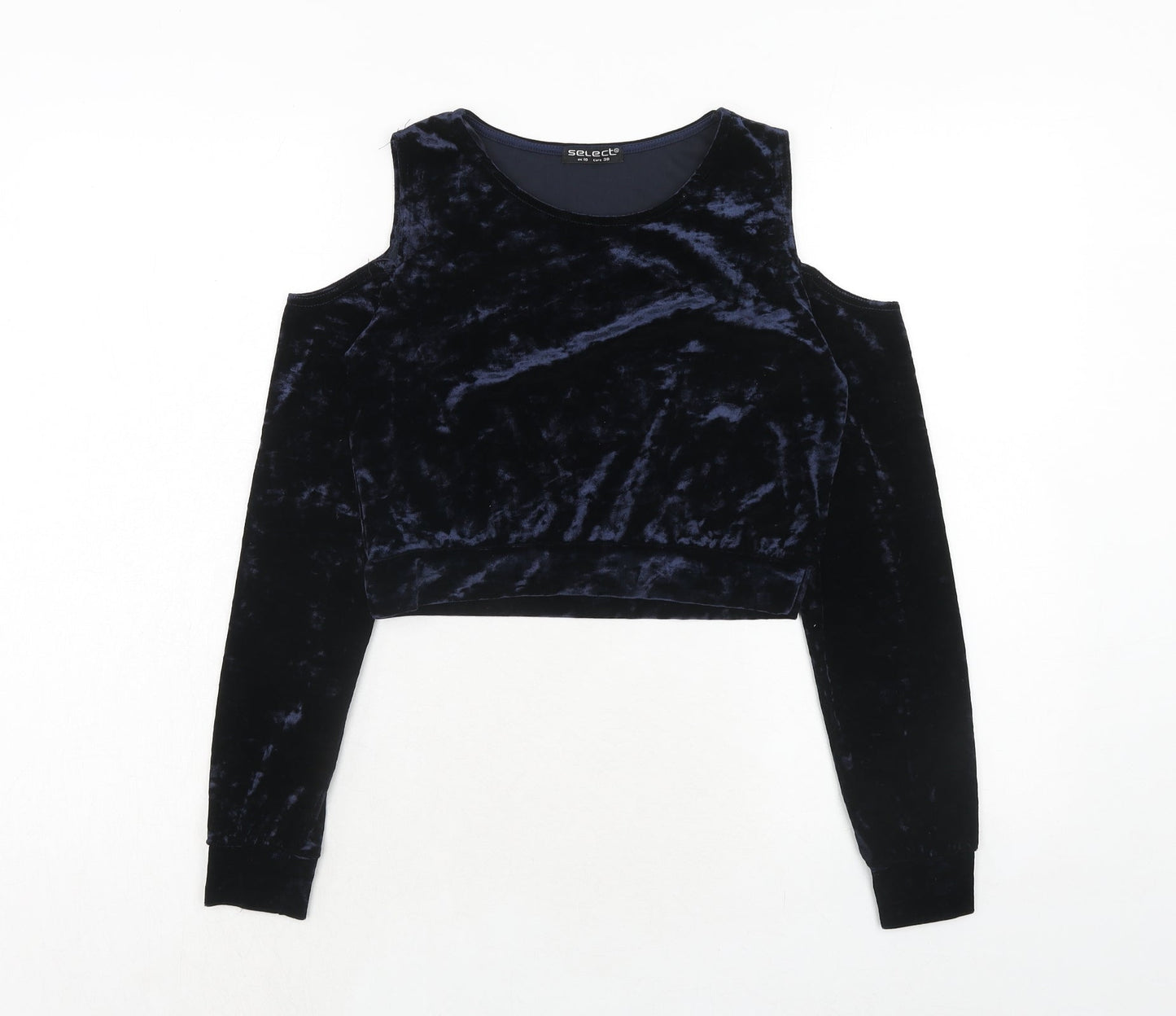 Select Womens Blue Polyester Cropped Blouse Size 10 Round Neck - Cold Shoulder