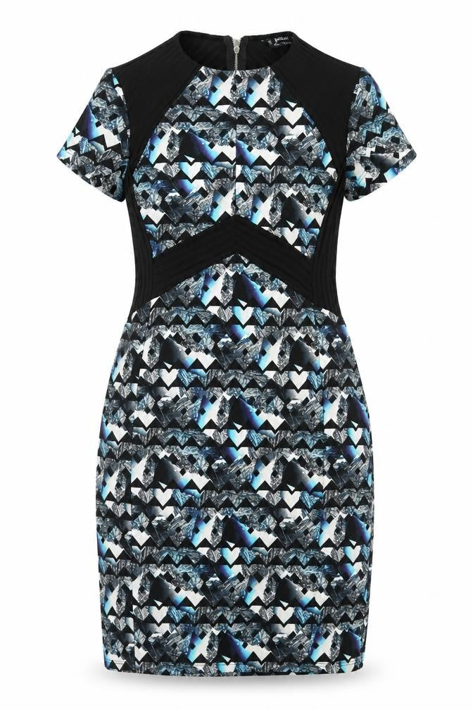 Miss Selfridge Womens Blue Geometric Polyester A-Line Size 12 Round Neck Zip