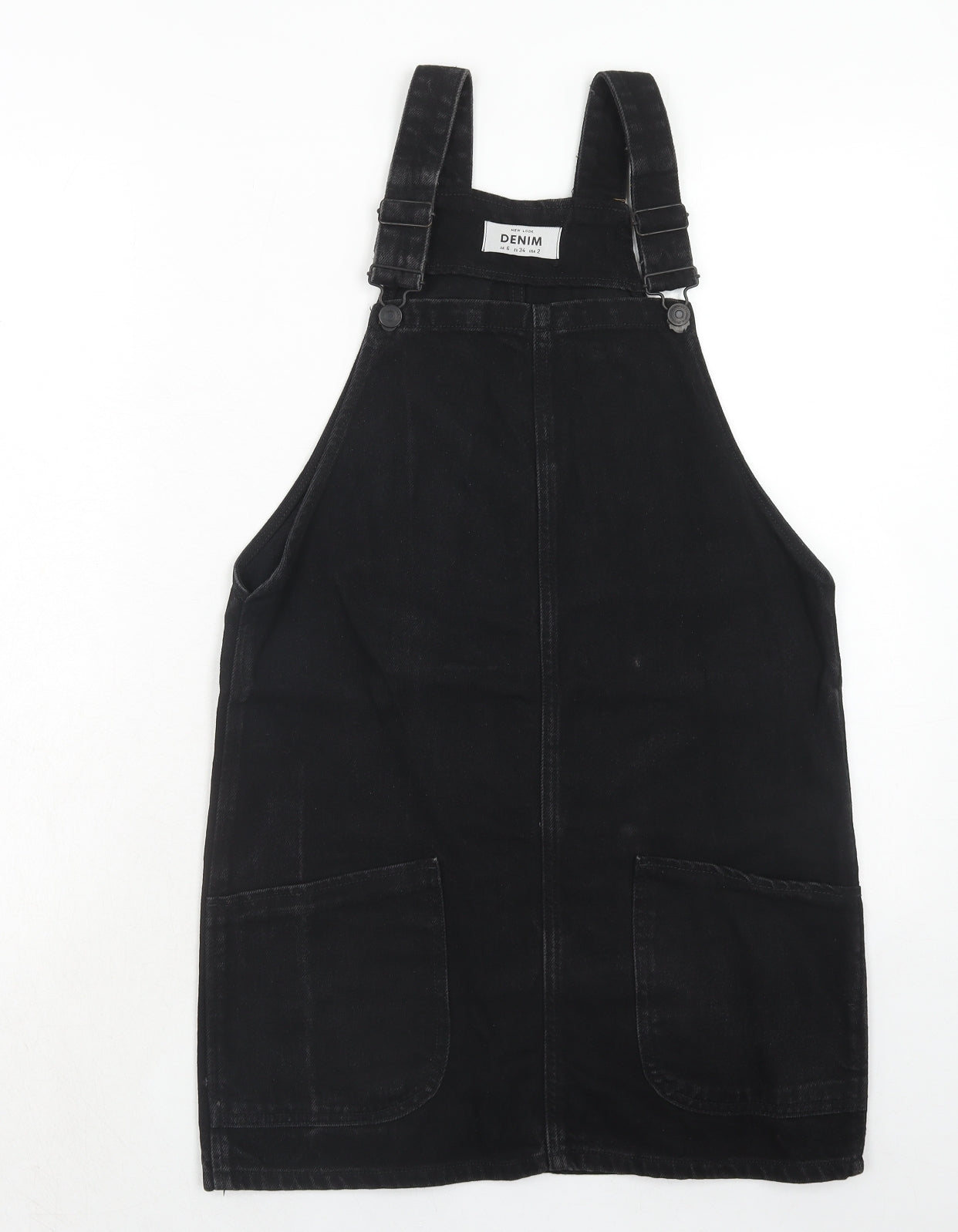 New Look Womens Black Cotton Pinafore/Dungaree Dress Size 6 Square Neck Buckle