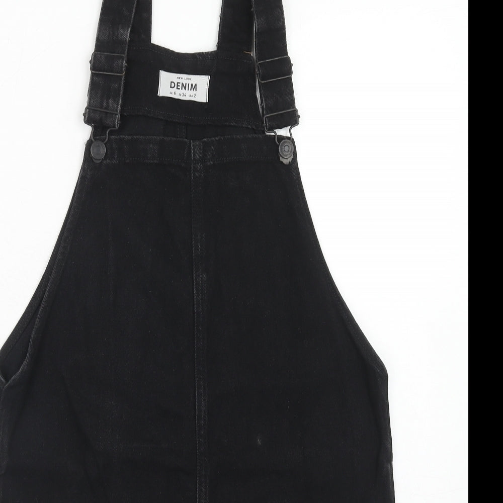 New Look Womens Black Cotton Pinafore/Dungaree Dress Size 6 Square Neck Buckle