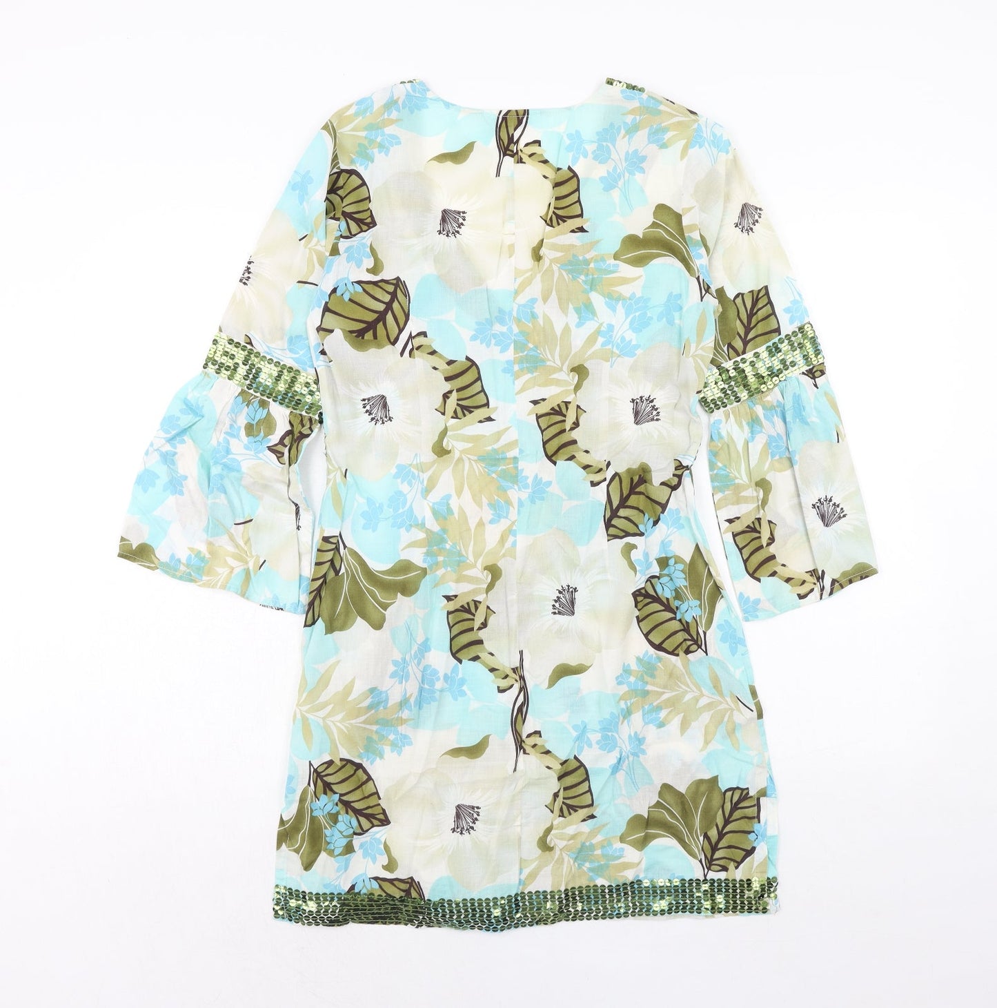 New Look Womens Blue Geometric Cotton A-Line Size 10 V-Neck Pullover