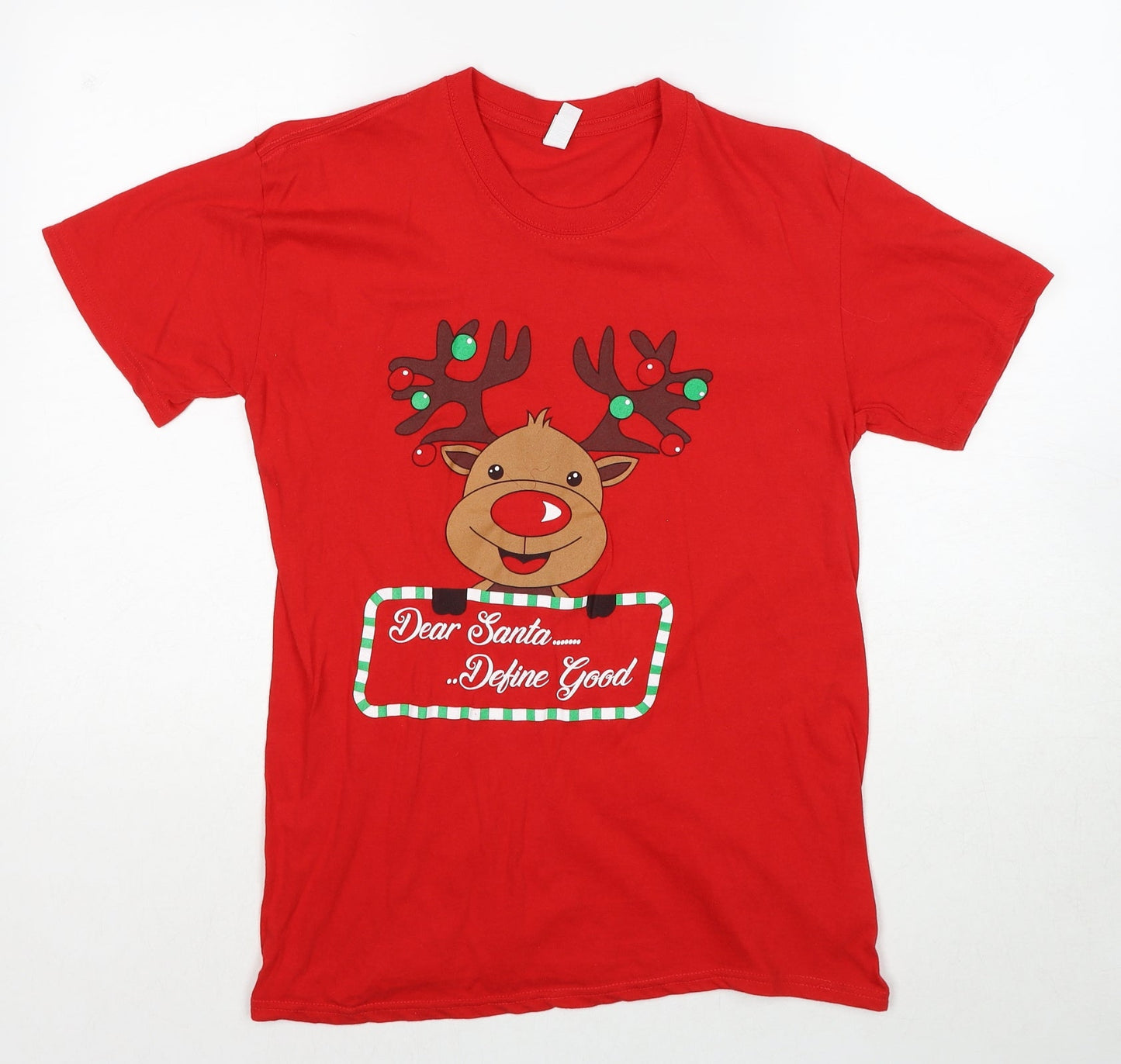 Casual Classics Womens Red Cotton Basic T-Shirt Size M Round Neck - Dear Santa....