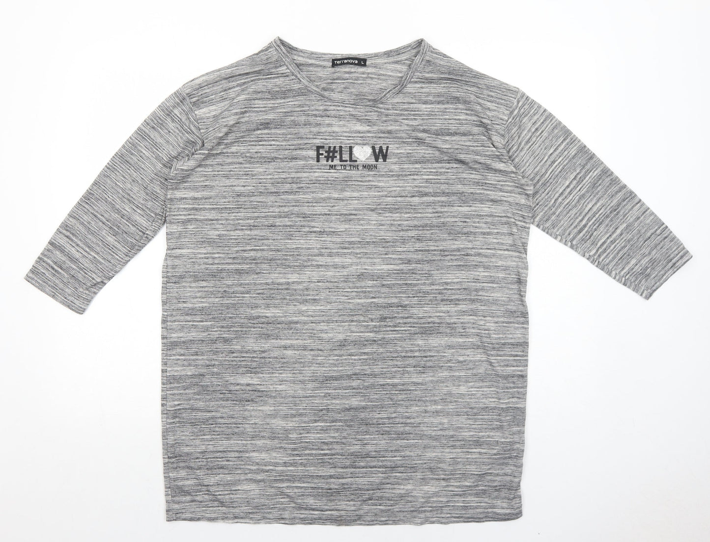 Terranova Womens Grey Polyester Basic T-Shirt Size L Round Neck - Follow Me To The Moon