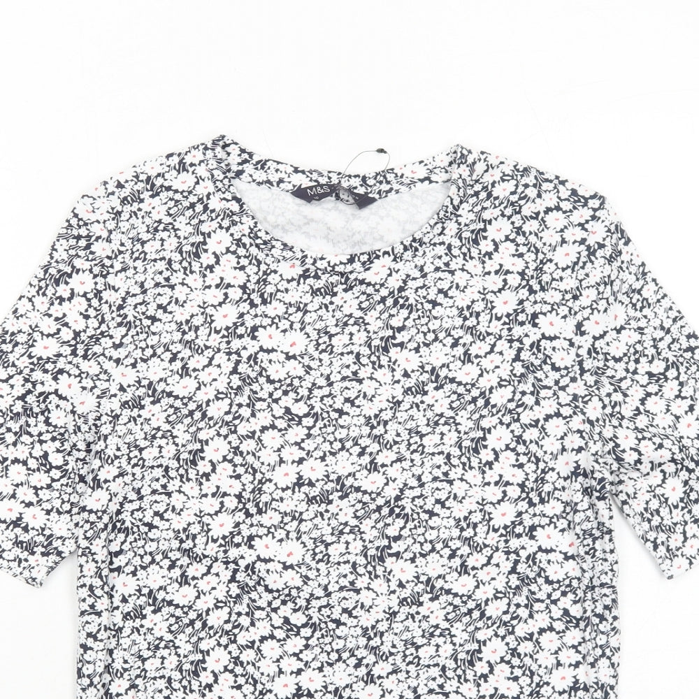 Marks and Spencer Womens Blue Floral Cotton Basic T-Shirt Size 10 Round Neck