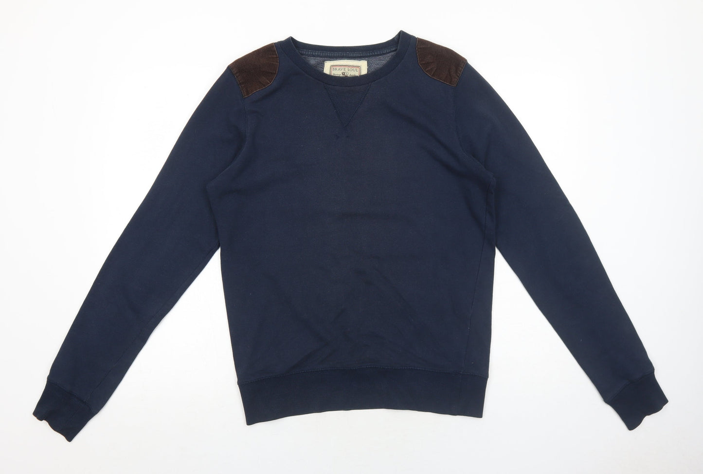 Brave Soul Mens Blue Cotton Pullover Sweatshirt Size S - Elbow Patches