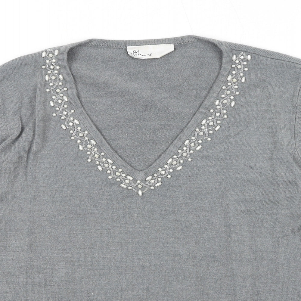 BHS Womens Grey V-Neck Acrylic Pullover Jumper Size 14