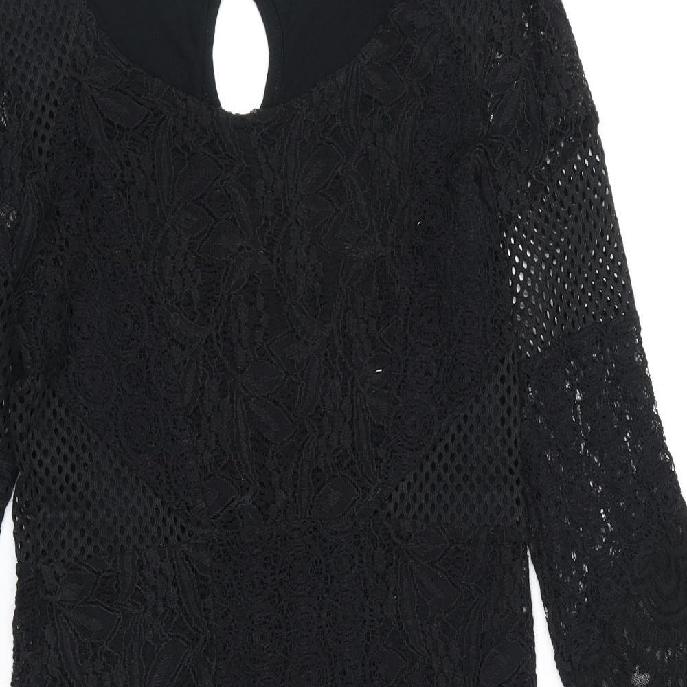 Cream Womens Black Geometric Cotton A-Line Size S Round Neck Button