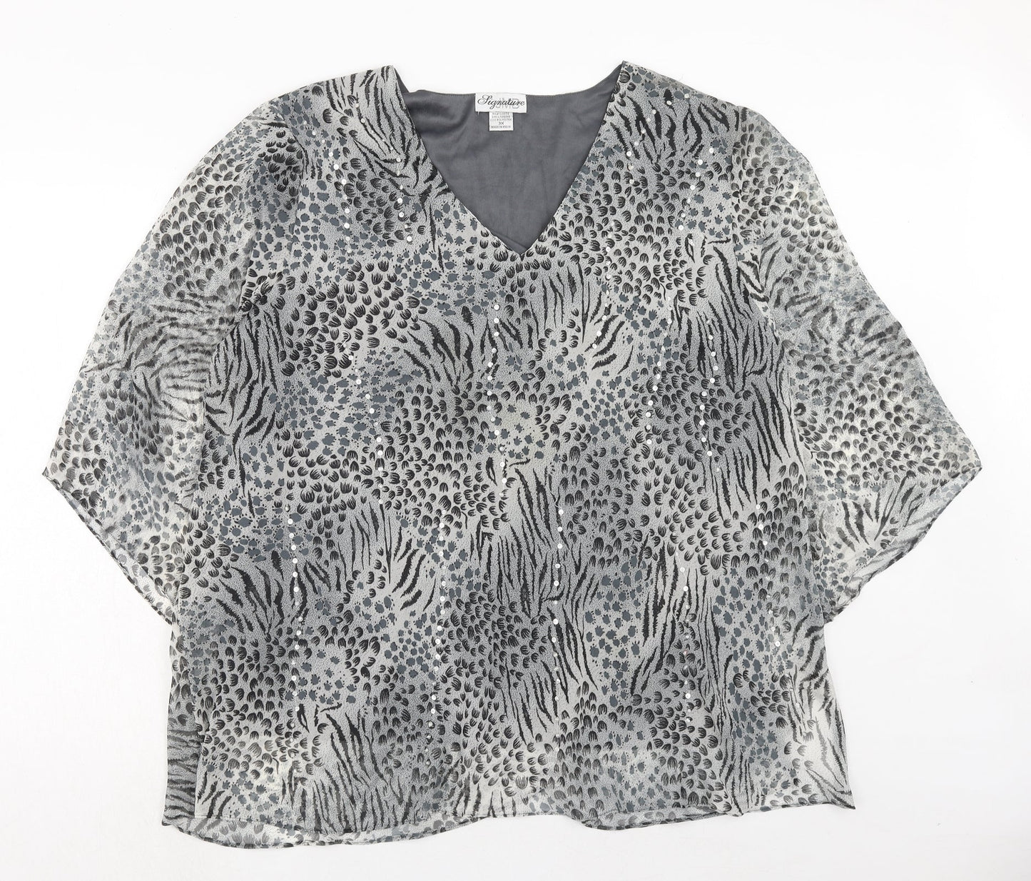 Signature Womens Grey Geometric Polyester Basic Blouse Size 3XL V-Neck