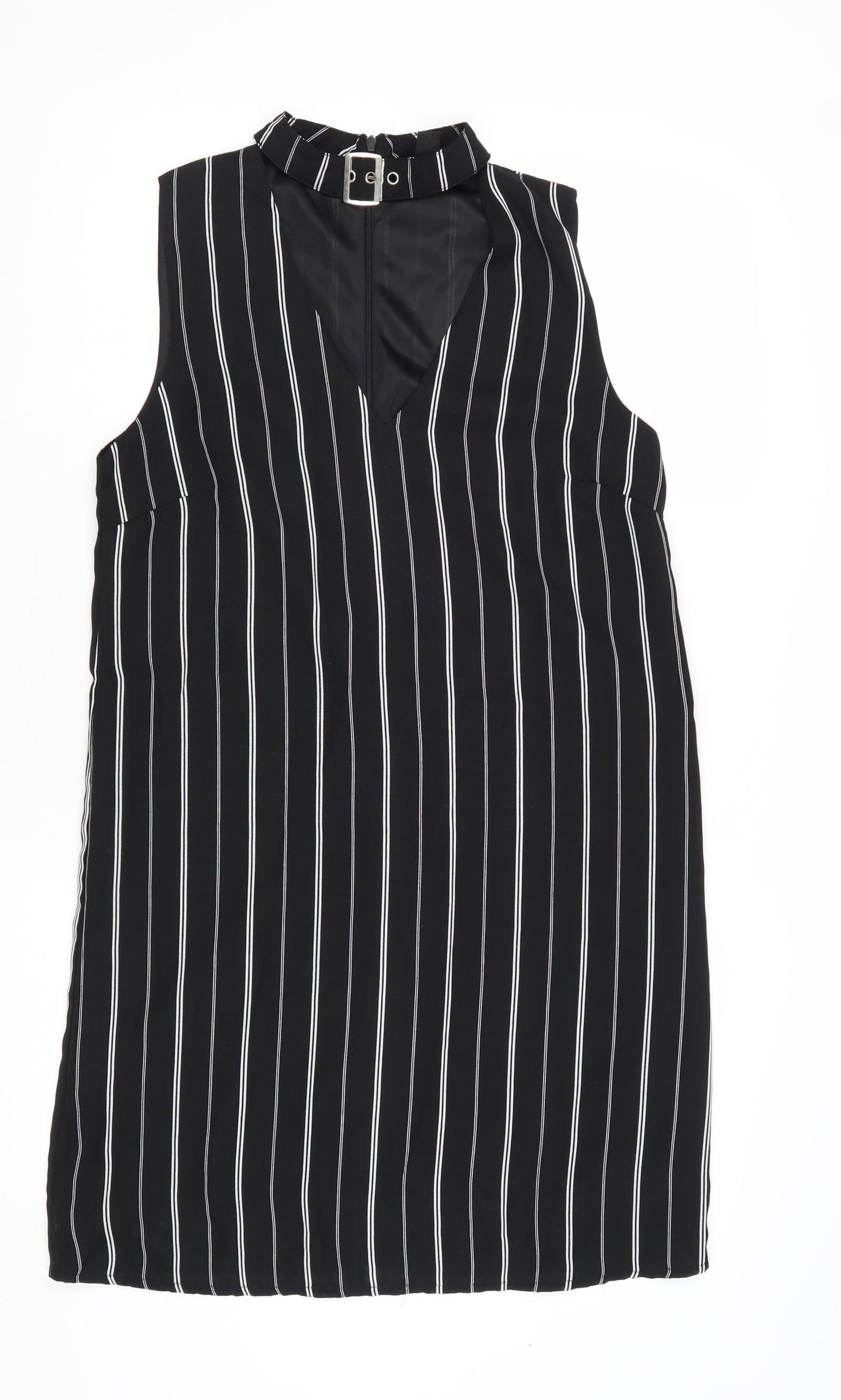 New Look Womens Black Striped Polyester A-Line Size 10 Halter Zip