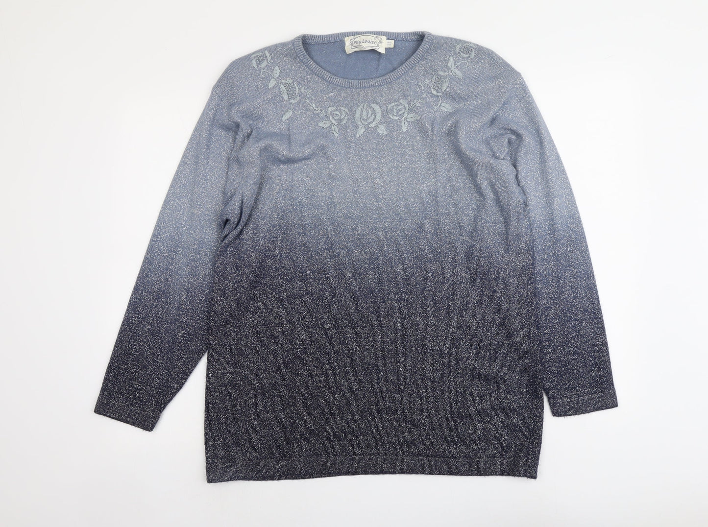 Fay Louise Womens Blue Round Neck Floral Acrylic Pullover Jumper One Size
