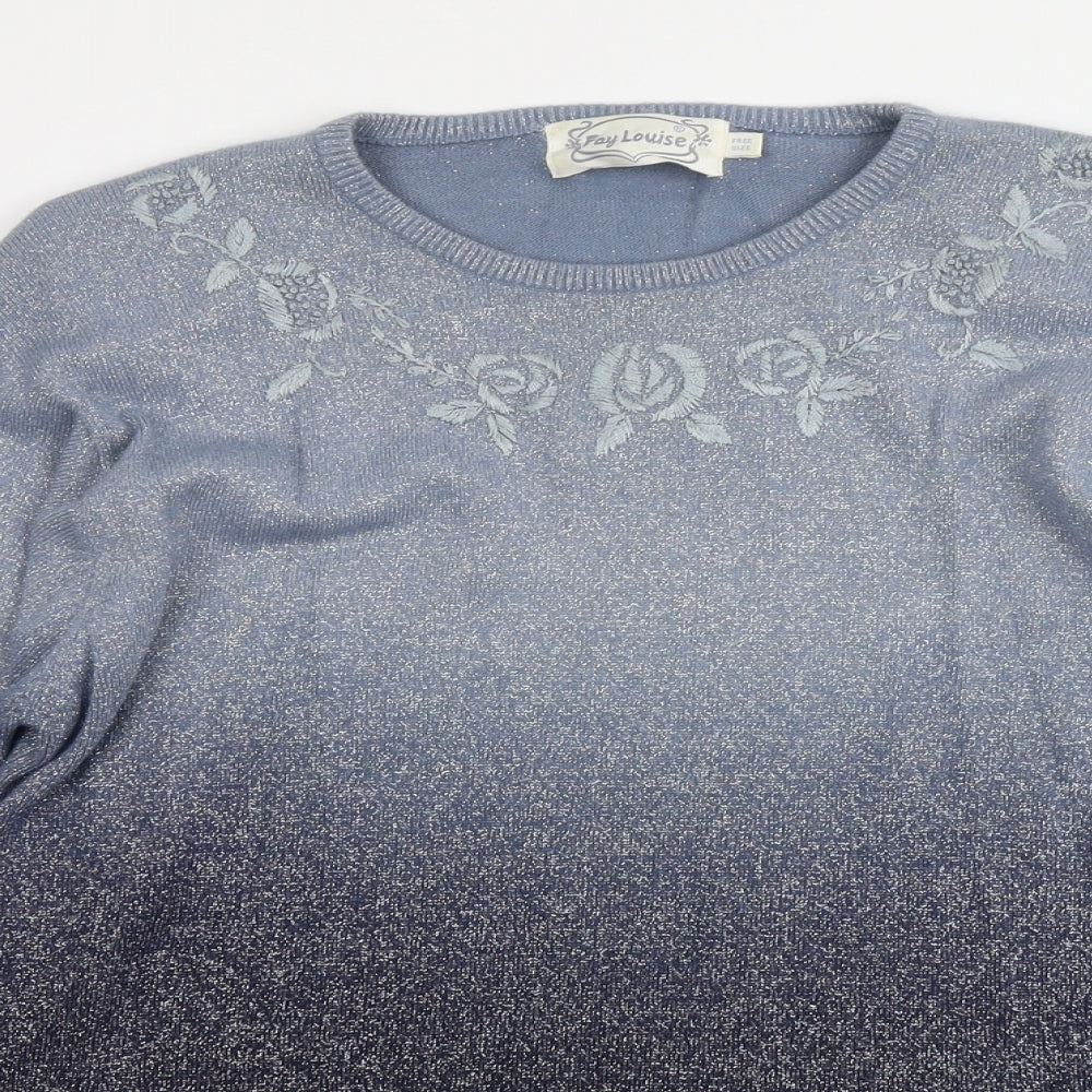 Fay Louise Womens Blue Round Neck Floral Acrylic Pullover Jumper One Size
