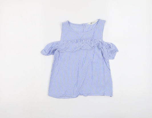 H&M Girls Blue Striped Viscose Basic Tank Size 9-10 Years Round Neck Button