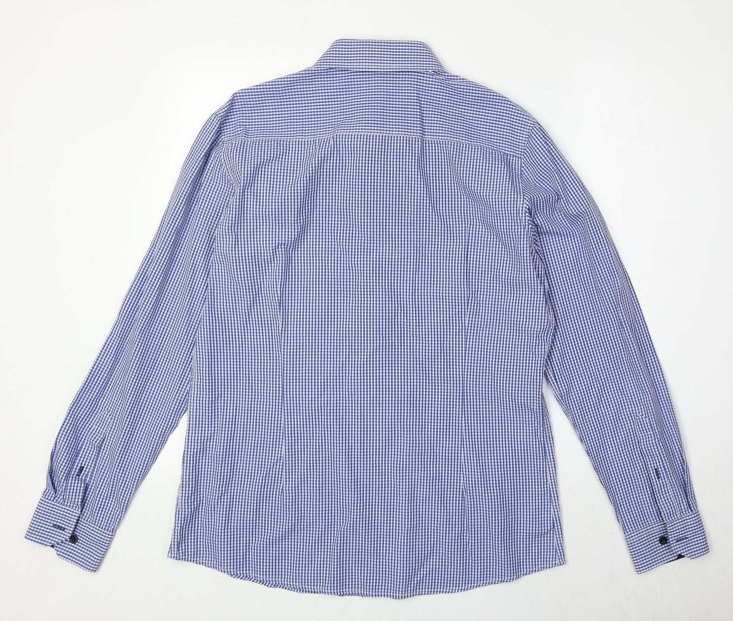 D66 Mens Blue Check Cotton Button-Up Size L Collared Button