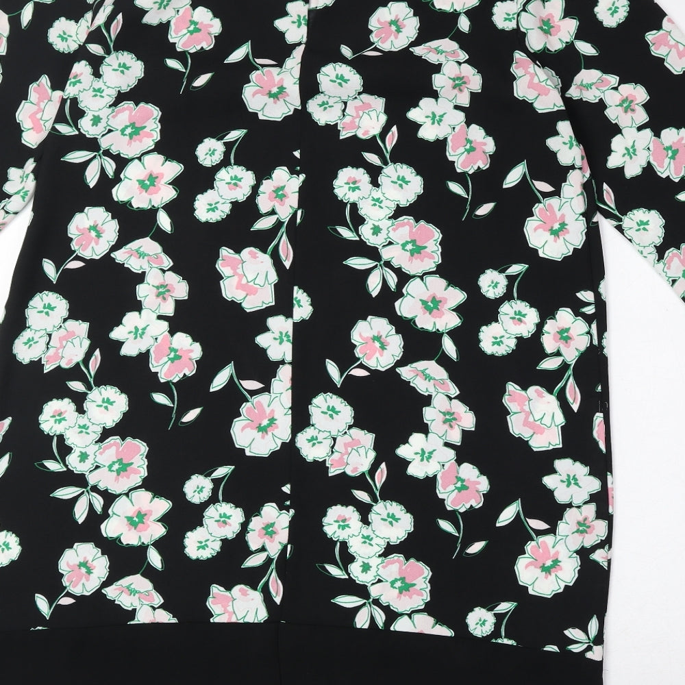 Marks and Spencer Womens Black Floral Polyester A-Line Size 14 Round Neck Button