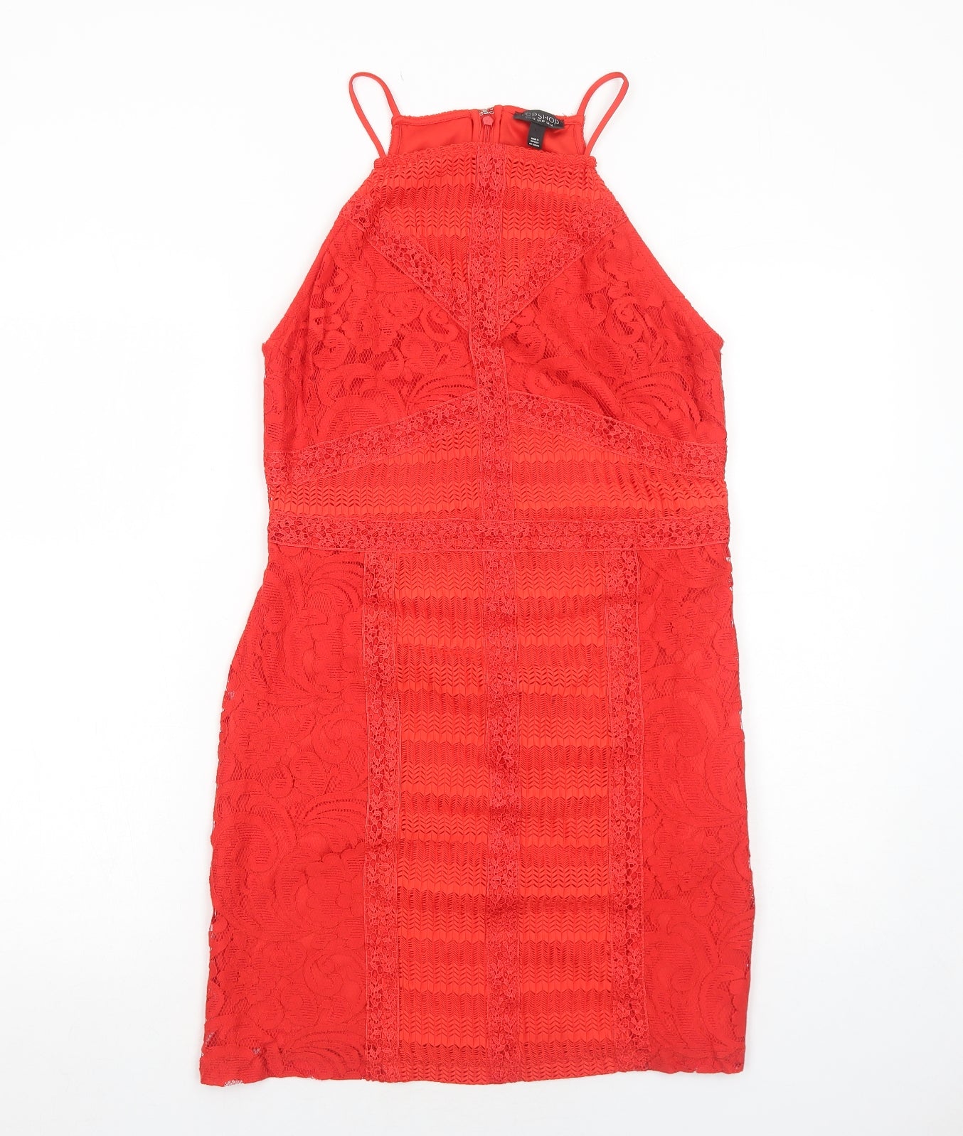 Topshop Womens Red Geometric Polyester Bodycon Size 14 Square Neck Zip