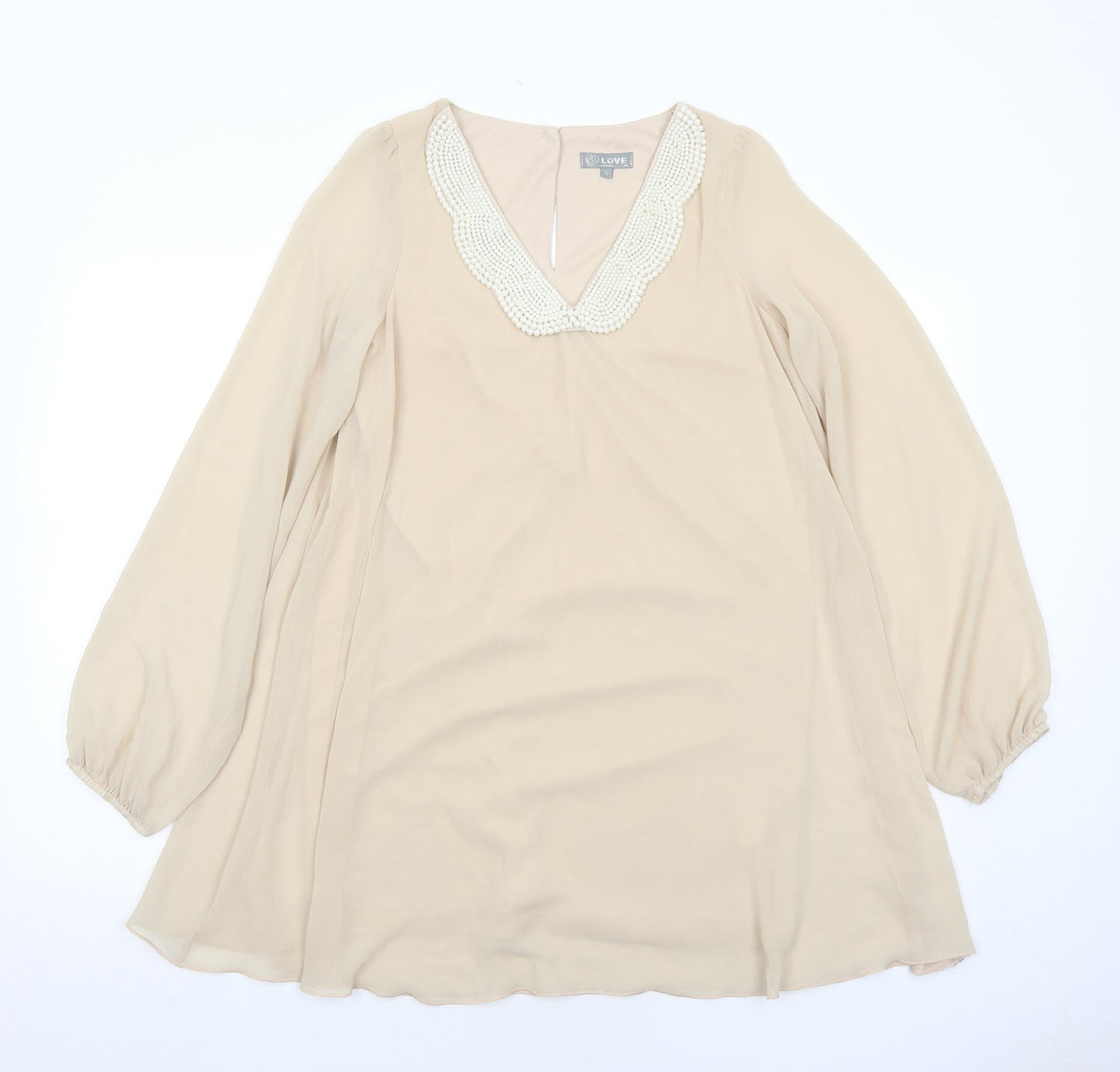 Love Womens Beige Polyester Trapeze & Swing Size S V-Neck Button