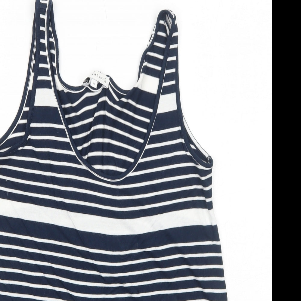 Warehouse Womens Blue Striped Viscose Basic Tank Size 10 Round Neck