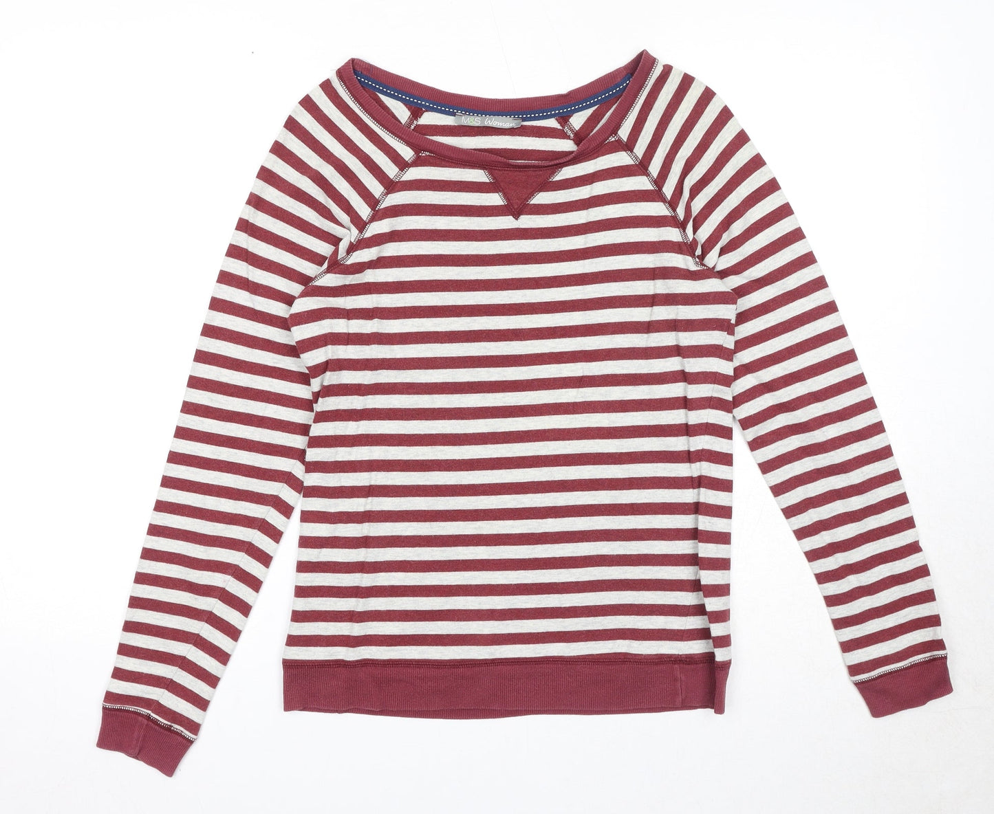 Marks and Spencer Womens Red Round Neck Striped Cotton Pullover Jumper Size 10