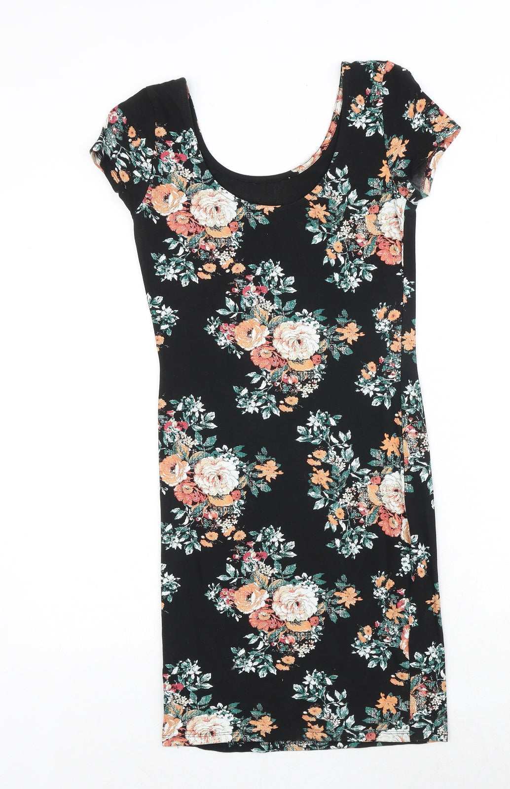 New Look Womens Black Floral Cotton A-Line Size 10 Scoop Neck Pullover