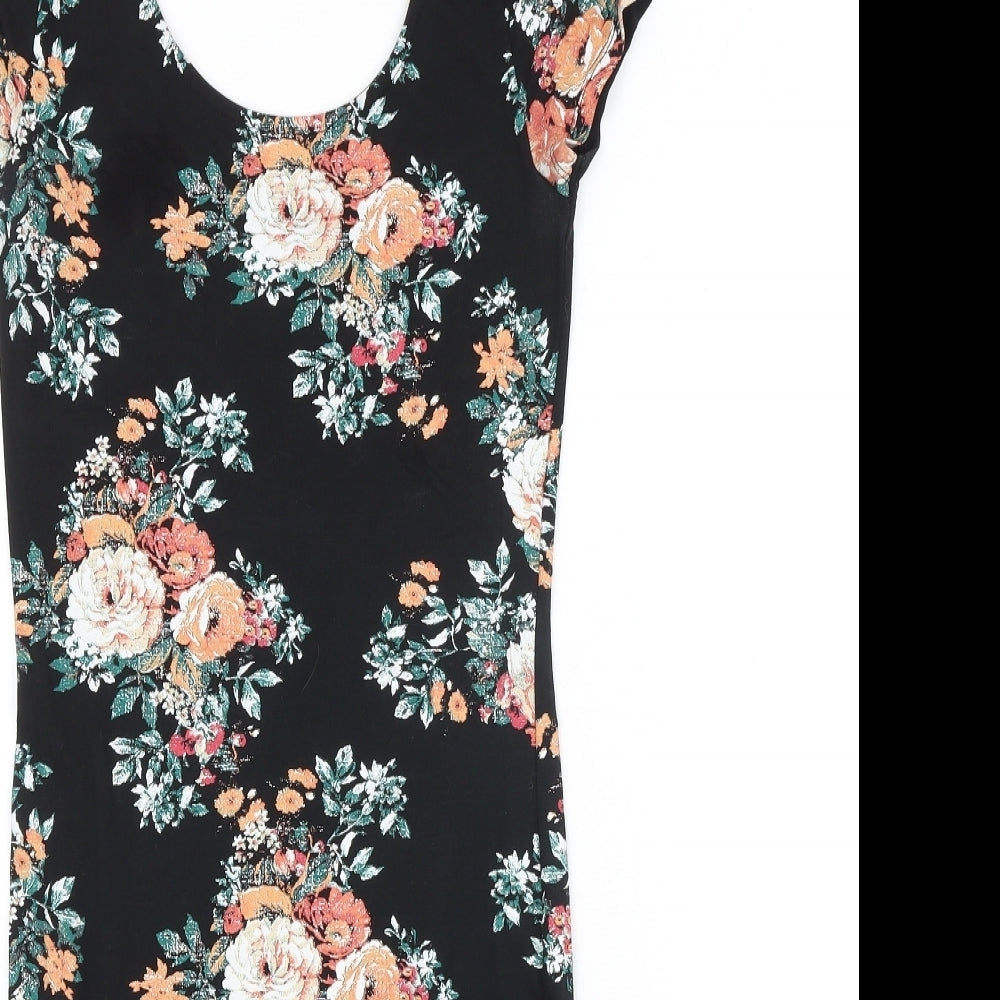 New Look Womens Black Floral Cotton A-Line Size 10 Scoop Neck Pullover