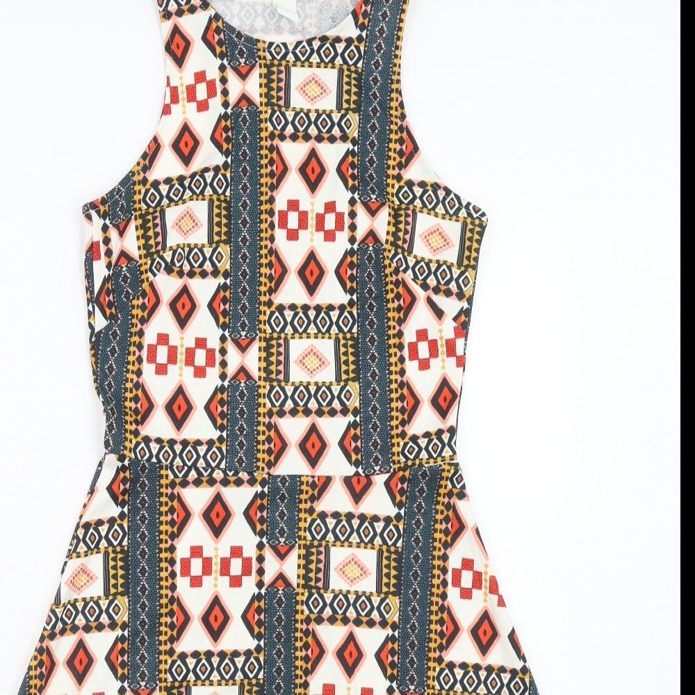 H&M Womens Multicoloured Geometric Polyester Fit & Flare Size S Round Neck Pullover
