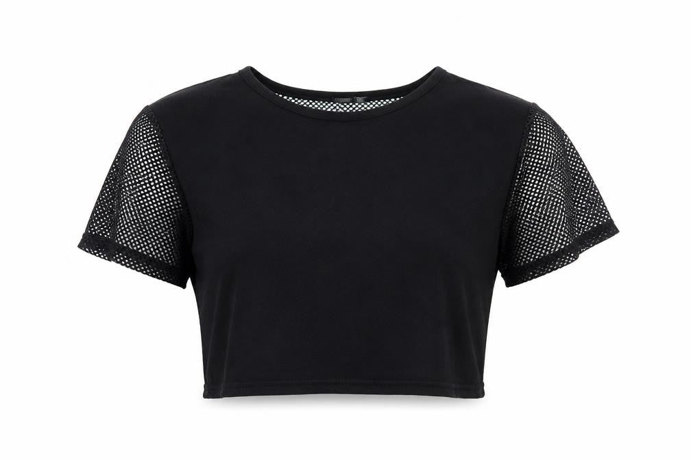 PRETTYLITTLETHING Womens Black Polyester Cropped T-Shirt Size 6 Round Neck - Net Detail