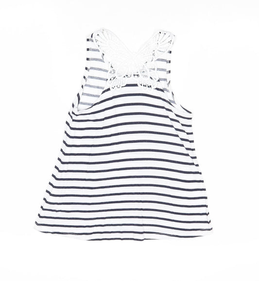 H&M Girls Multicoloured Striped Viscose Basic Tank Size 9-10 Years Round Neck Pullover - Lace Detail