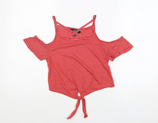 New Look Girls Red Striped Cotton Pullover T-Shirt Size 10-11 Years Scoop Neck Pullover - Cold Shoulder Tie Front