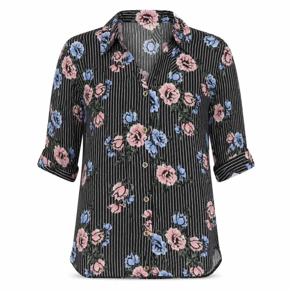 Select Womens Black Geometric Viscose Basic Button-Up Size 6 V-Neck