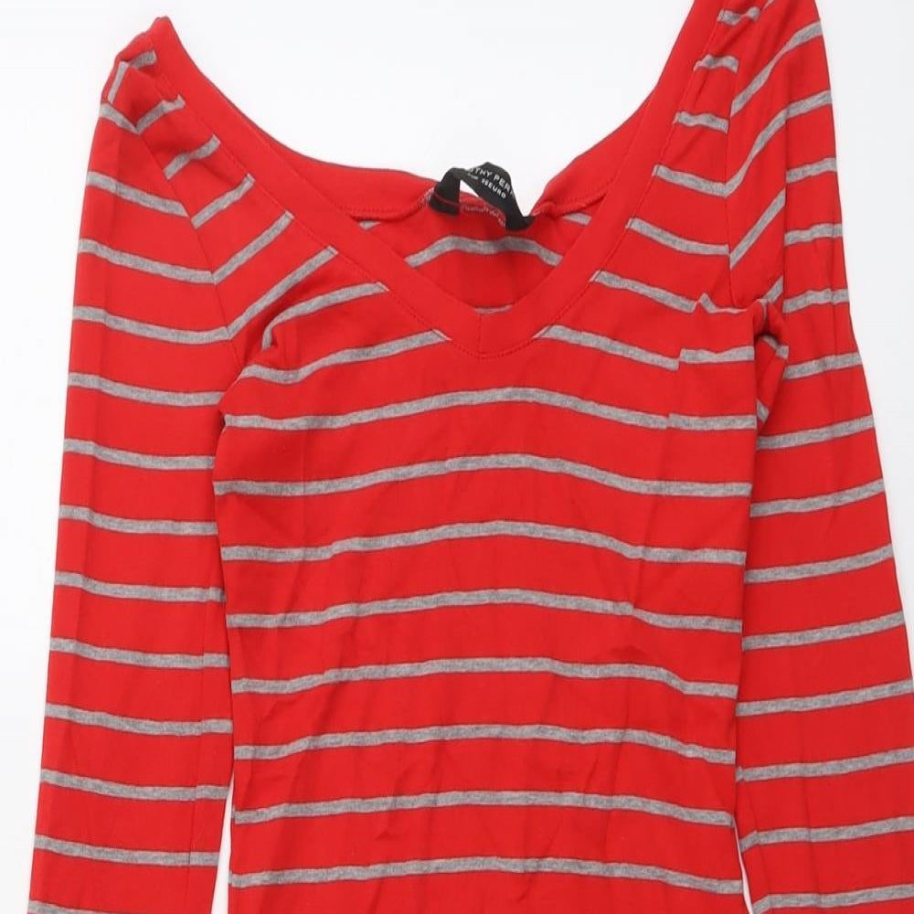 Dorothy Perkins Womens Red Striped Cotton Basic Blouse Size 8 V-Neck