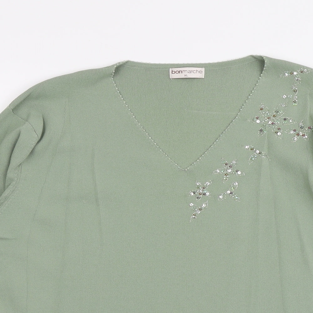 Bonmarché Womens Green V-Neck Viscose Pullover Jumper Size XL