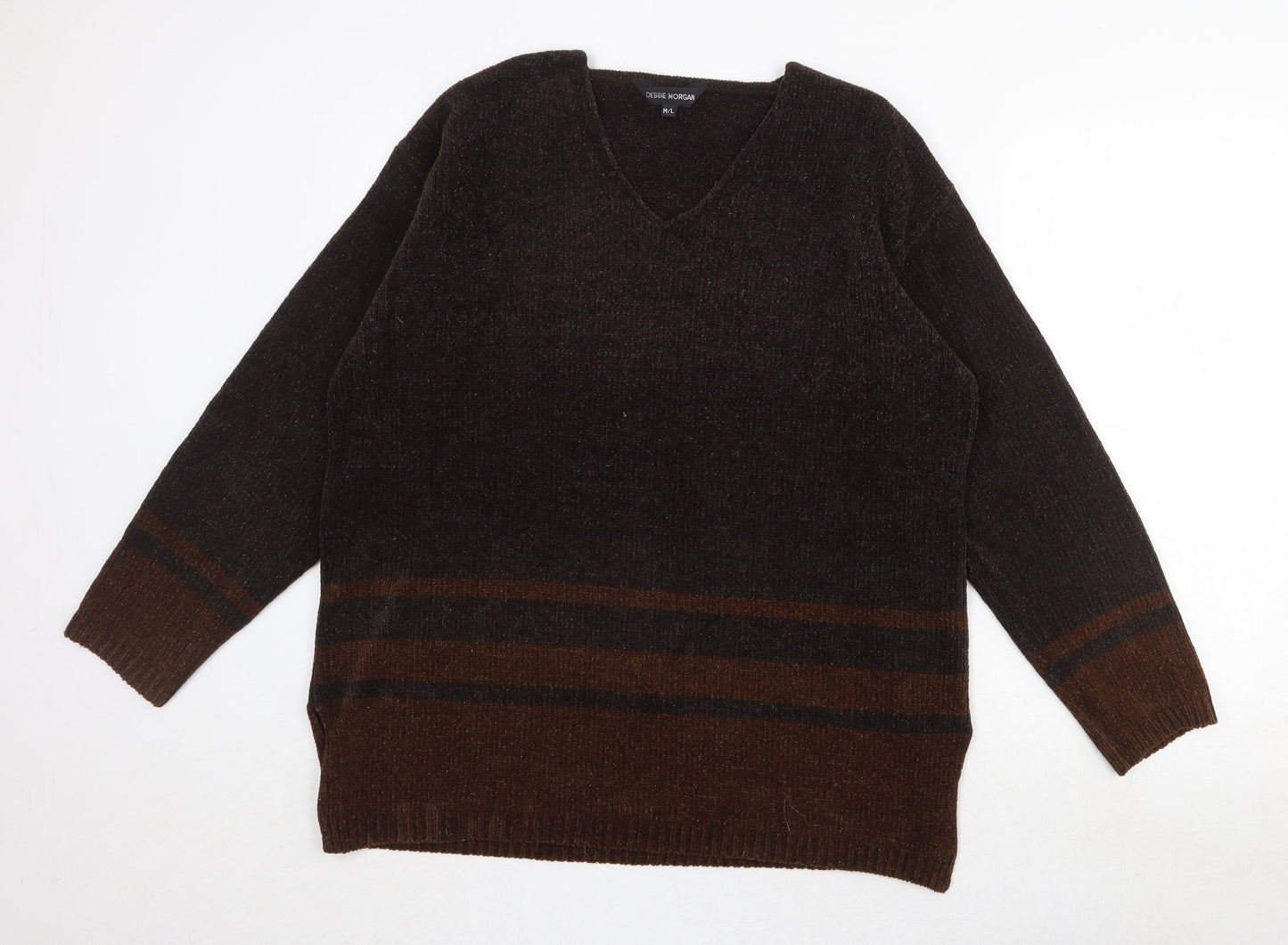 Debbie Morgan Womens Brown V-Neck Striped Acrylic Pullover Jumper Size M - Size M/L